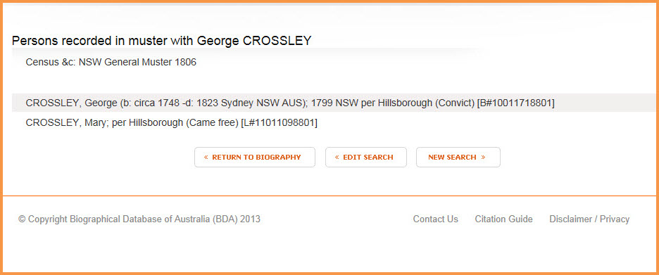 George Crossley : Persons recorded in 1806 Muster (with wife) for Web