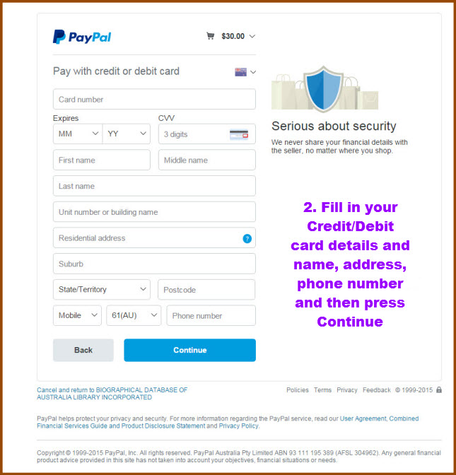 PayPal Screen 2 - Pay by Credit Debit Card
